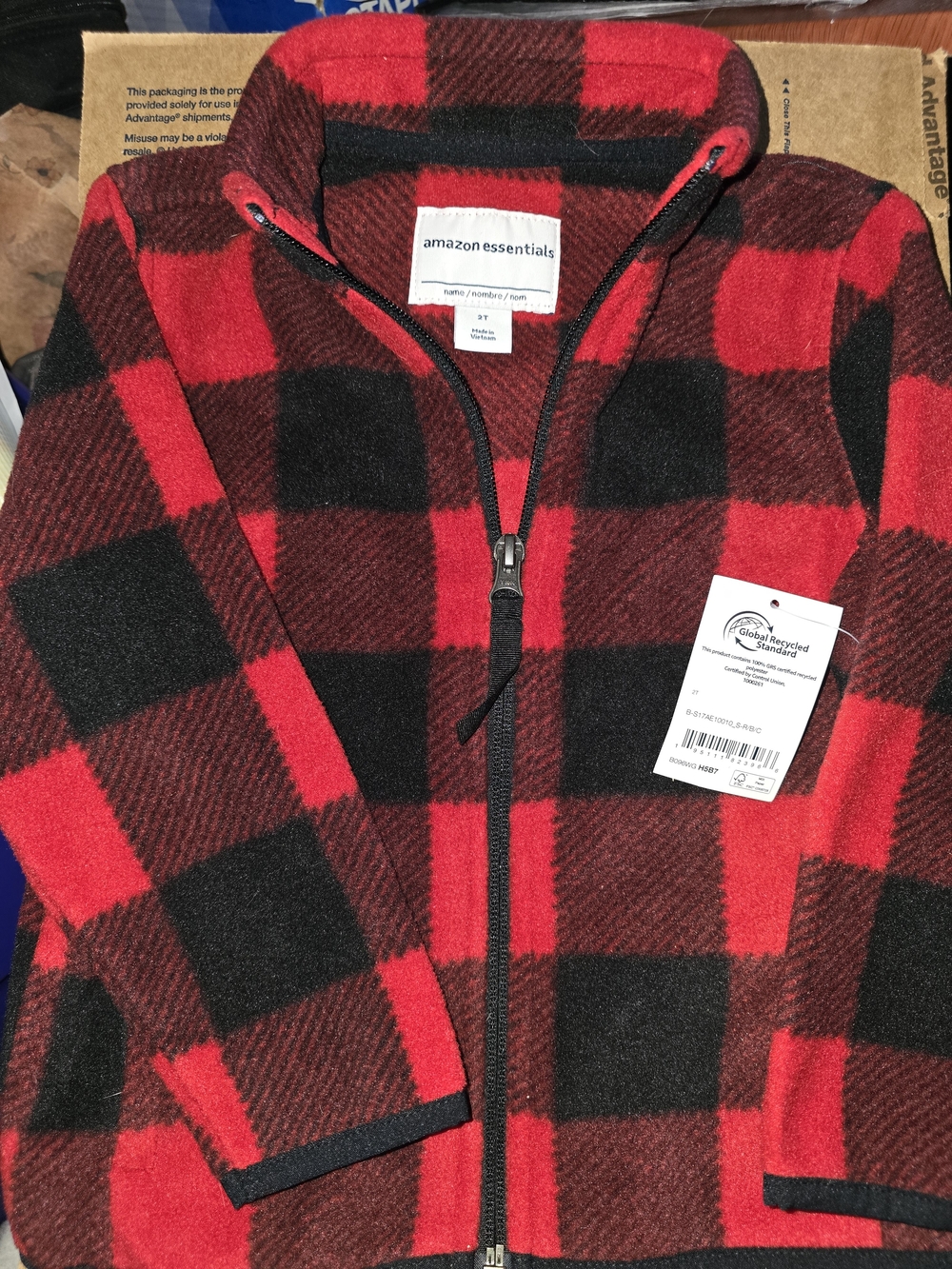 NWT - Amazon Essentials Red and Black Buffalo Plaid Zip Fleece Jacket